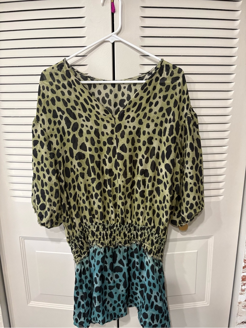Animale Two-Tone Animal Print Mini Dress in Green & Teal